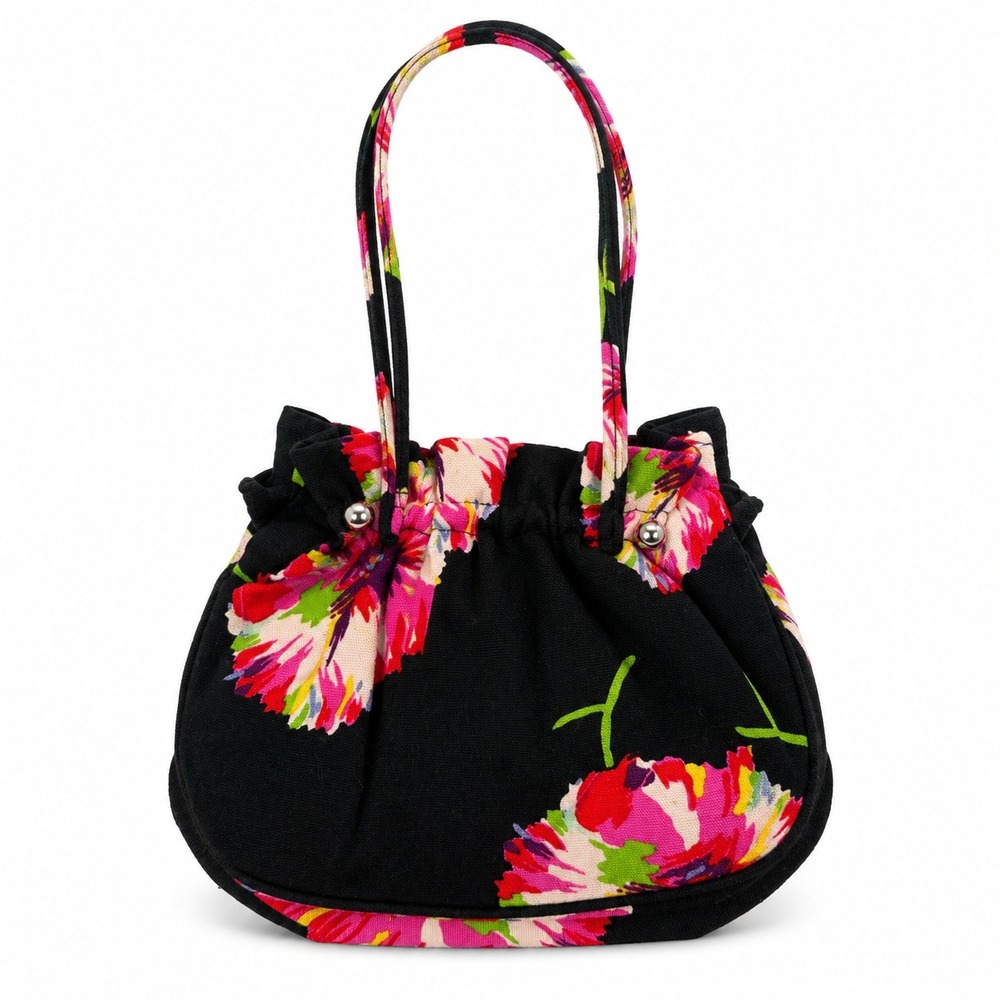 Lulu Guinness Floral Canvas Kiss Lock Mini Handbag Black Pink Cotton Purse - Picture 2 of 10